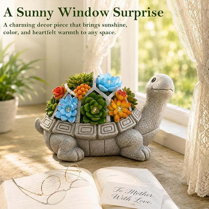 Nacome Solar Garden Outdoor Statues Turtle with Succulent | 7 LED Lights, Lawn Decor Statue for Patio, Balcony, Yard Ornament, Gifts for Mom Grandma Women