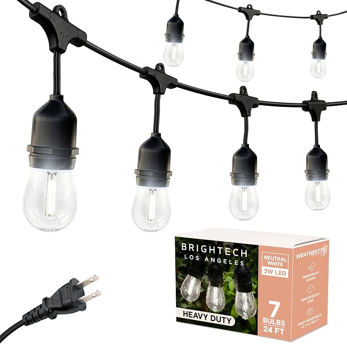 Brightech Ambience Pro - 24 Ft Waterproof LED Outdoor String Lights - Hanging, Dimmable 2W Vintage Edison Bulbs - Commercial Grade Patio Lights Create Cafe Ambience in Your Backyard, 7 Bulbs
