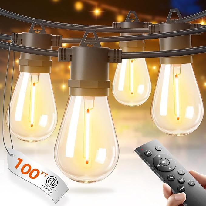 addlon 100FT LED Outdoor String Lights, Waterproof Dimmable Bulbs for Patio | UL Listed, Remote Control. Shatterproof Edison Bulbs, Timer, Linkable, 2700K Warm White. For Backyard, Pergola, 2-Pack*50FT.
