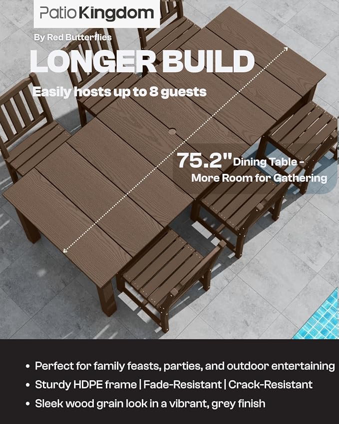 HDPE 7-Piece Outdoor Dining Set with 11FT Umbrella, White | All-Weather Patio Table and Chairs for 6, Fade-Resistant Patio Furniture Dining Set for Lawn, Garden, Deck, Backyard
