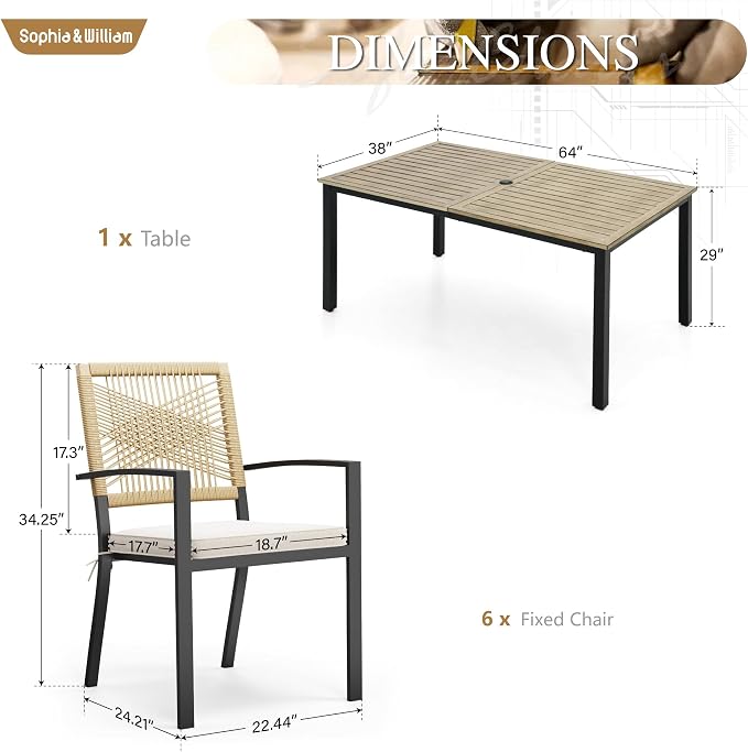 Sophia & William 7pc Patio Dining Set, Wood-Like Table, Wicker Chairs | Outdoor Dining Set for 6, Rectangular Patio Dining Table Set with Patio Wicker Chairs for Garden, Porch, Deck