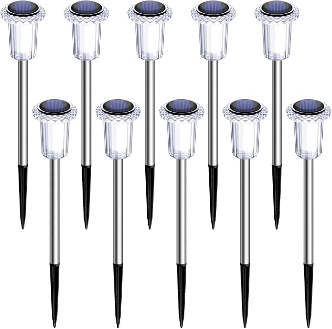 DenicMic 10 Pack Solar Pathway Lights Outdoor Waterproof Warm White LED | Stainless Steel Stake Lights for Yard Garden Decor for Outside Patio Lawn Auto On/Off 3000K Crystal-like Acrylic Lampshade
