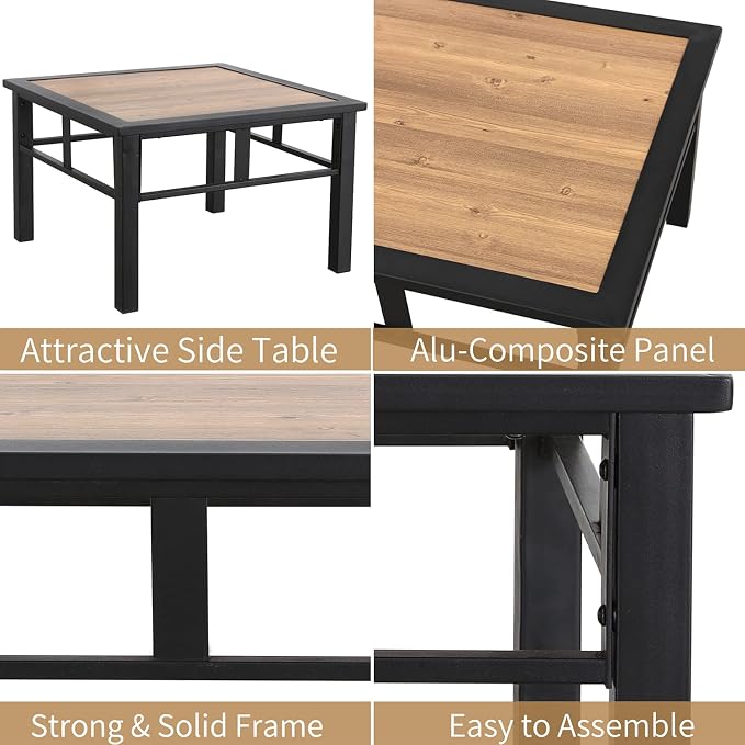 Aluminum Composite Panel Outdoor End Table, Weather Resistant, Black with Wood Grain, Square, Modern, Outdoor Side Table