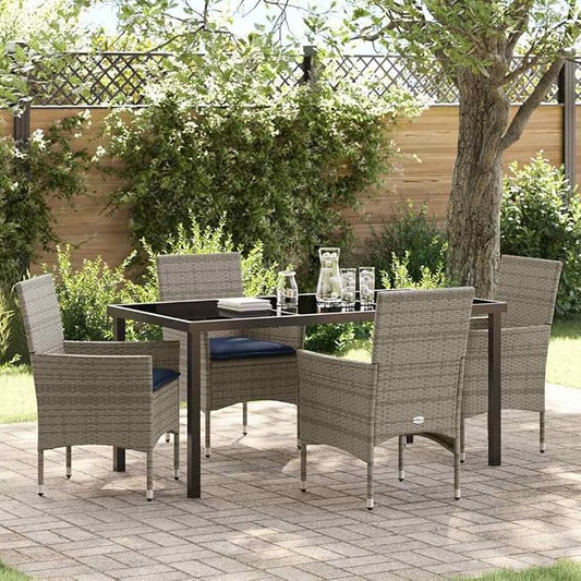 5 Piece Outdoor Dining Set, Grey PE Rattan Patio Furniture Table and Chair Set with Tempered Glass Tabletop and Cushions for Garden Backyard Deck