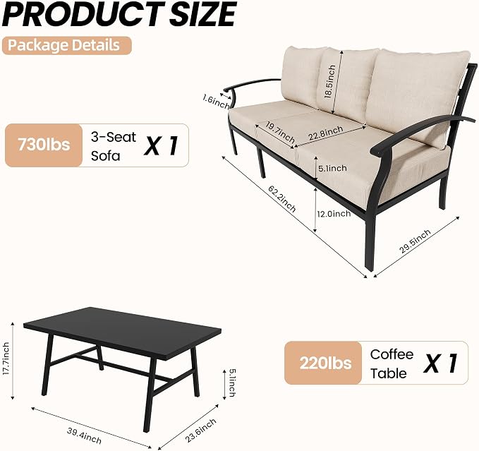 Metal Patio Furniture Set,2 Pieces 3 Seats Patio Sectional Outdoor Furniture Set with Rectangular Coffee Table,Patio Conversation Sets with 5.1" Thickened Cushions,Sand