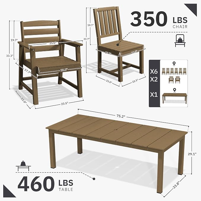 AreShark Outdoor Dining Table,All Weather Rectangular Patio Table for 6,Heavy-Duty HDPE Table with Umbrella Hole and Aluminum Frame,Weatherproof Outdoor Furniture for Backyard, Garden,Brown