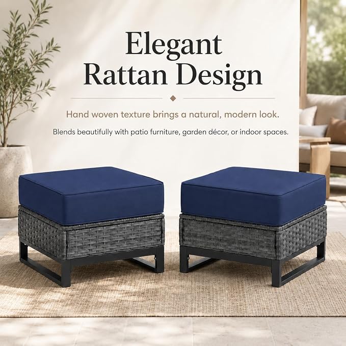 Outdoor Ottomans Set of 2, PE Wicker Patio Footstools with Removable Cushions, All-Weather Rattan Outdoor Ottoman Set for Patio, Backyard, Garden, Porch, Blue