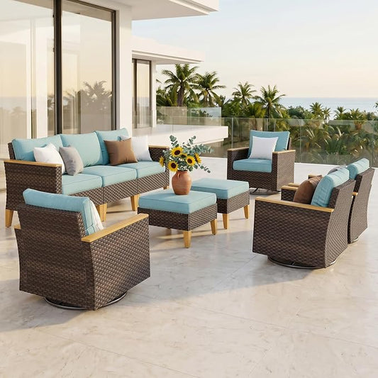 PHI VILLA Wicker Patio Furniture Set with Swivel Chairs, 9 Pieces Outdoor Conversations Sets, Oversized Rattan Patio Sectional Sofa Couch with Ottoman, Aqua Blue Cushion