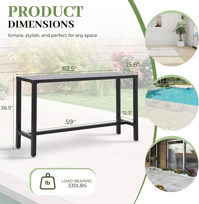 Outdoor Bar Table, Patio Counter Height Bar Tables, 63" Rectangle Bar Table for Patio, Garden, Yard, Balcony, Poolside