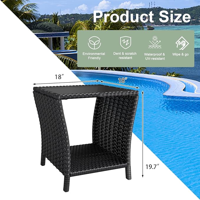 kinbor Small Outdoor Table - Set of 2 Tempered Glass Top Small Outdoor Wicker Side Table with Storage Shelf for Patio, Balcony & Porch, Durable PE Rattan & Iron Frame