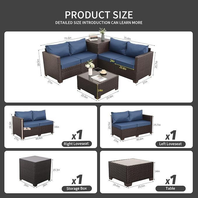 WAROOM Patio Furniture Set 4 Piece Conversation Sets Brown Rattan Outdoor Couch Loveseat Wicker Sectional Sofa with Storage Box Glass Top Table, Navy Blue Cushion