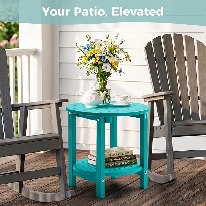 Outdoor Side Table, Adirondack Round 2-Tier Patio Table, Easy Maintenance & Weather Resistant, HDPE End Table for Backyard, Pool, Patio, Porch, Turquoise