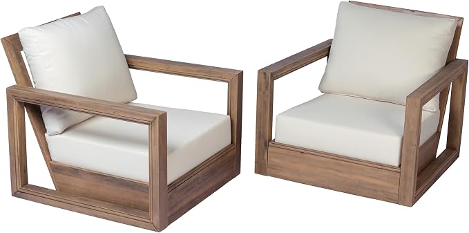 Christopher Knight Home 2-Piece Patio Swivel Chair Set, Acacia Wood Outdoor Rocking Chairs with 360° Swivel Base & Cushion, Floor Deep Seating Cushioned Patio Chairs for Porch Deck Garden, Brown+Beige