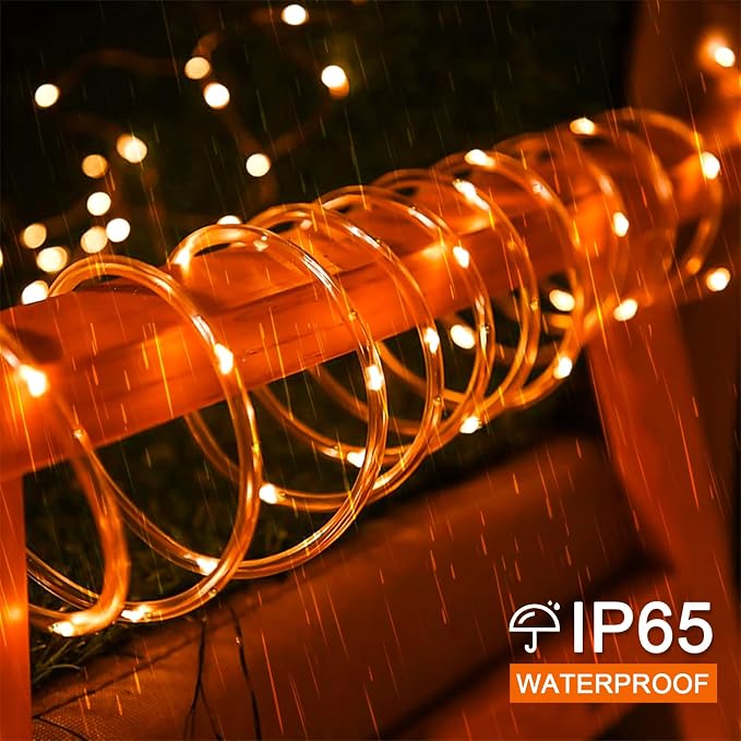 JMEXSUSS 66 ft 200 LED Orange Halloween Solar Rope Lights with 8 Modes | Rope Lights Outdoor Waterproof, Orange Christmas String Lights for Halloween Thanksgiving Fall Party Tree Fence Christmas