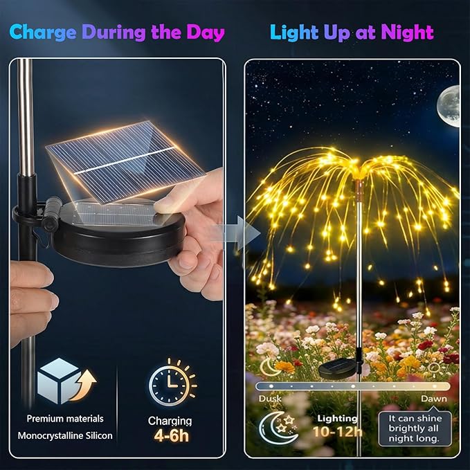 Solar Firework Lights Outdoor, Adjustable 32" to 51" Extra Tall, 200 LED Stainless Steel 3-Section Pole, 8 Modes Waterproof Starburst Garden Lights for Yard Pathway Walkway Decor(Warm White 2 Pack)