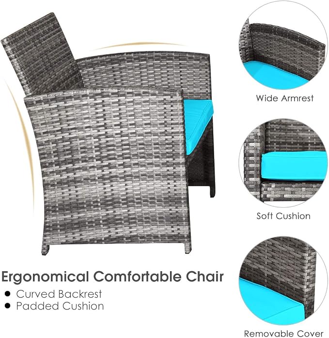 DORTALA 4 Piece Patio Furniture Set, Outdoor Wicker Conversation Set with Soft Cushions & Tempered Glass Coffee Table, Rattan Patio Sofa Bistro Sets for Courtyard Balcony, Turquoise