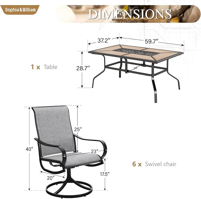 Sophia & William Patio Dining Sets Outdoor Dining Set for 6 Patio Table and Chairs Set 7 Pieces with Swivel Patio Chairs, 60"x 37" Wood Like Metal Table for Garden Pool All Weather Grey