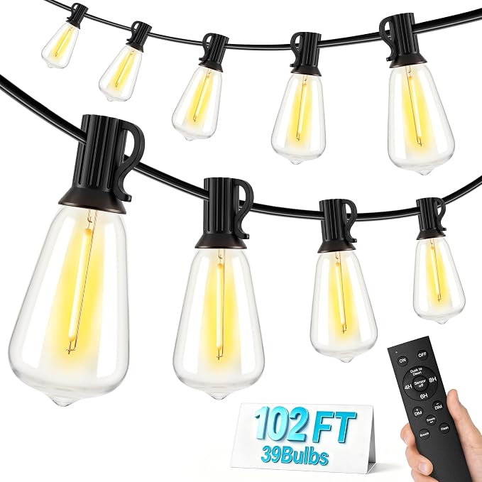 Guhope 102FT Outdoor String Lights with 39 ST38 Edison Bulbs 2200k | IP45 Waterproof Shatterproof Patio Lights Dimmable Hanging Connectable 24V Lights for Porch Garden Backyard Gazebo