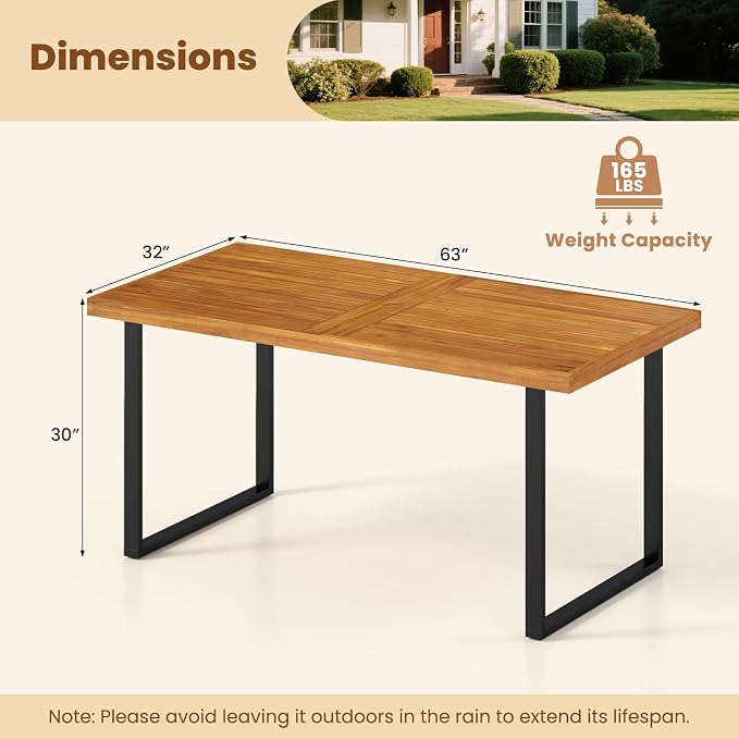 Tangkula 63" Acacia Wood Patio Dining Table for 6 People, Indoor Outdoor Wooden Rectangular Dining Table with Heavy-Duty Metal Legs & 1.97" Umbrella Hole, Patio Dining Table for Deck Garden, Backyard