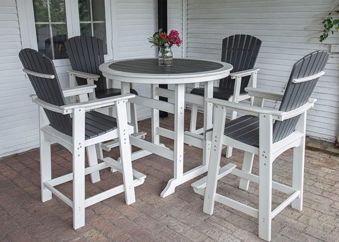 Outdoor Bar Height Table and Chairs Set of 5, Round Counter Bar Table with 1.96" Umbrella Hole, 4 Pcs Tall Adirondack Chairs Bar Stools with Arm, Patio Dining Set for Backyard Deck Balcony Front Porch