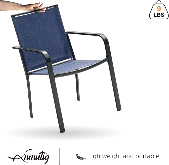 Outdoor Dining Set of 5 with NavyBlue Stackable Chairs, 63" Rectangle Table | Stackable Chairs, Metal Rectangle Table, Slat Table Top, 4 or 6 Person Use, All Weather, Textilene fabric Seat and Back