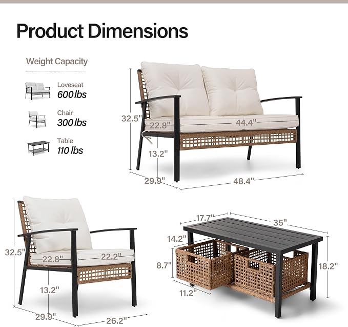 LAUSAINT HOME 6-Piece Patio Conversation Set, Luxury Oversize Patio Furniture Set with Soft Cushions and Storage Metal Coffee Table, Outdoor Furniture Sets for Backyard, Porch (with 2 Wicker Baskets)