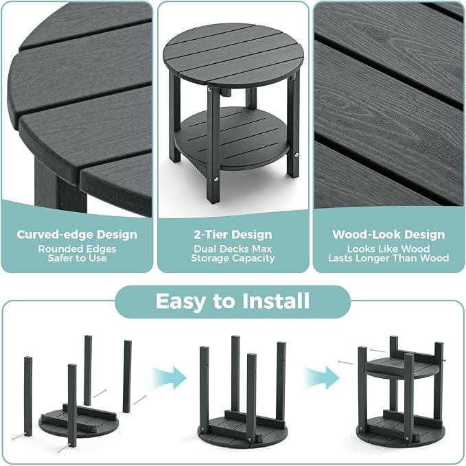 Outdoor Side Table, Adirondack Round 2-Tier Patio Table, Easy Maintenance & Weather Resistant, HDPE End Table for Backyard, Pool, Patio, Porch, Gray