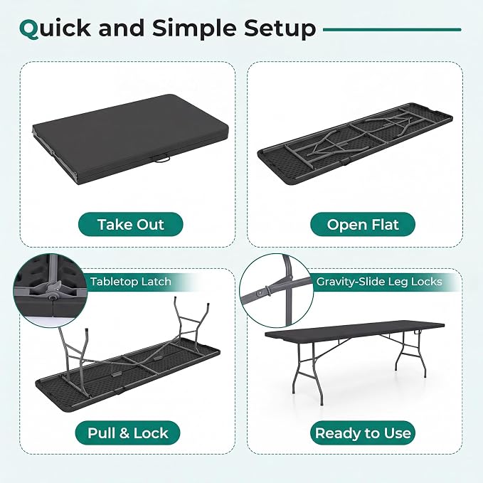 Goplus 8ft Plastic Folding Table, 350 LBS Outdoor Heavy Duty Folding Tables with HDPE Tabletop, Handle, Lock, Foldable Rectangle Portable Utility Card Table for Picnic, Party, Camping, Dining