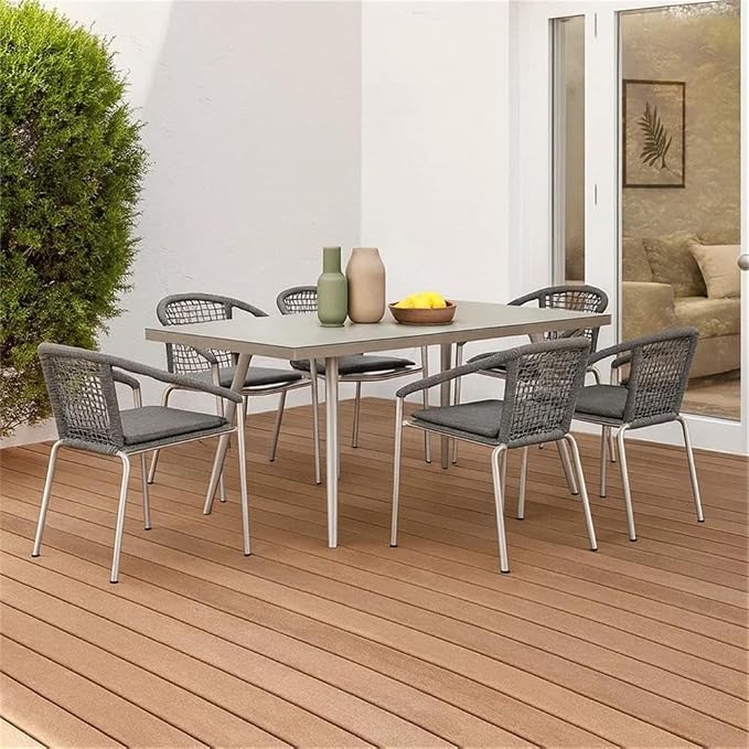 BOWERY HILL 7 Piece Outdoor Dining Set, Slate Gray Rope and Aluminum, Rectangular Table 73x36 in, Stackable Chairs with Fade Resistant Cushions, Contemporary Patio, Backyard, Poolside Dining