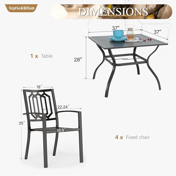 Sophia & William Patio Table and Chairs Set, Outdoor Dining Set for 4, 5 Piece Metal Patio Furniture, 37" Black Square Table(Geometry)
