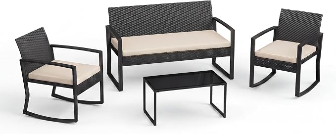 Garvee 4 Piece Patio Furniture Set, PE Rattan Outdoor Rocking Chair Conversation Set with Coffee Table, Outdoor Wicker Patio Table and Chairs Set for Patio, Porch, Backyard, Beige