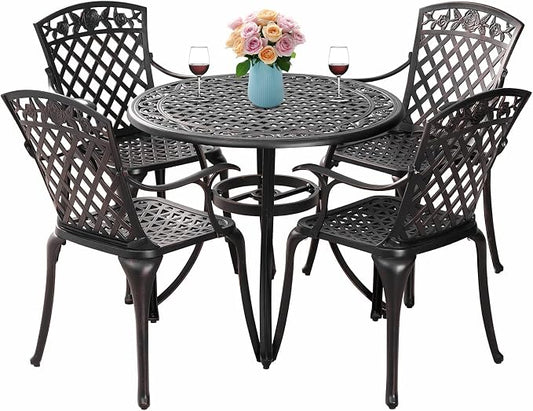 5 Pieces Outdoor Patio Dining Set, 36" Metal Outdoor Dining Set with 1.97" Umbrella Hole, Anti Rust Patio Furniture Set with 4 Chairs and Round Table for Garden, Porch and Poolside, Bronze