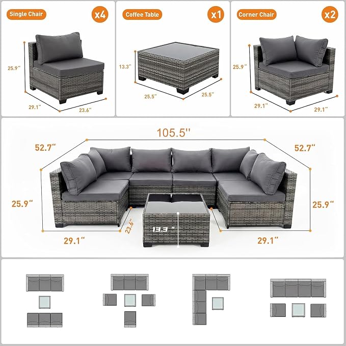 7 Piece PE Rattan Sectional Patio Furniture Set, Gray | All Weather Outdoor Conversation Sofa Set with Coffee Table & Thick Cushions, Ideal for Backyard Porch Garden