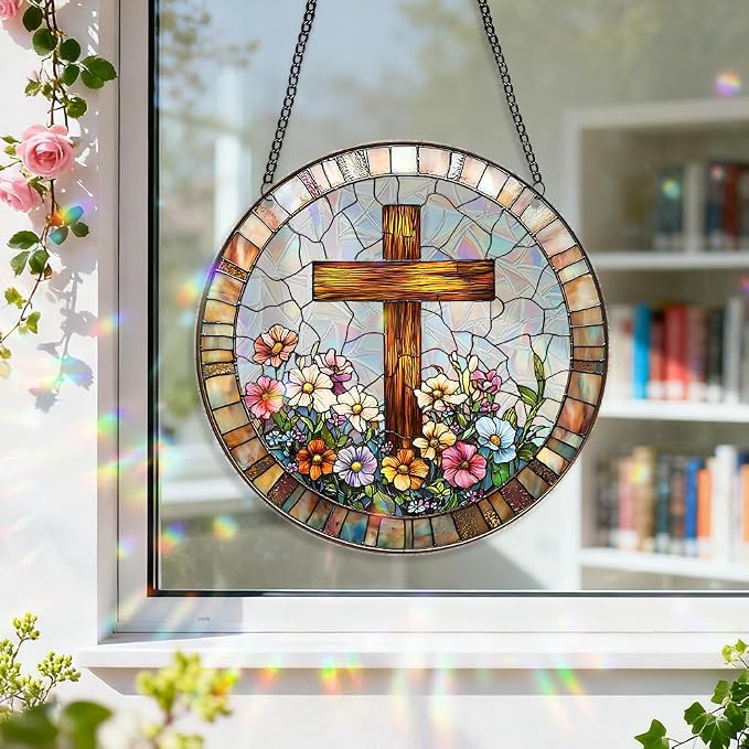 Acrylic Suncatcher Window Hanging, Cross Sun Catcher Rainbow Indoor Window Decoration for Living Room Bedroom, Summer Home Balcony Ornaments Deco, 7.87 x 7.87 inches
