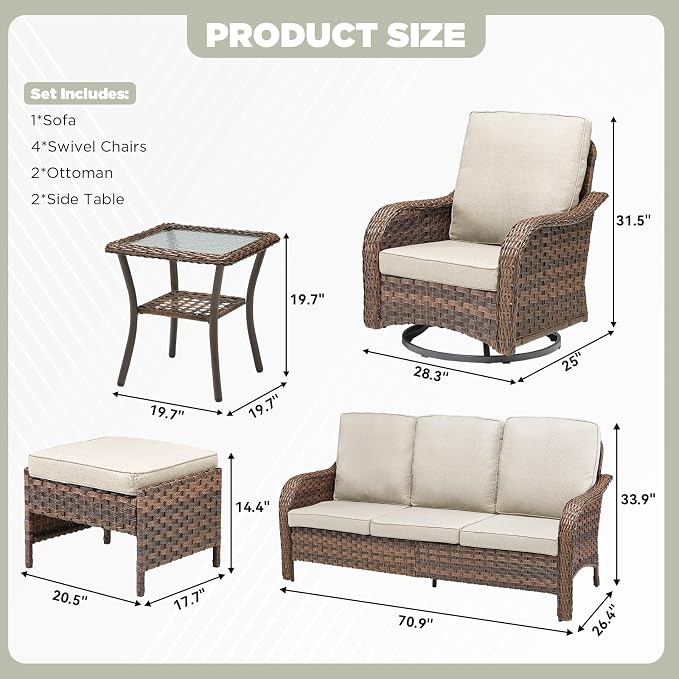 9 PCS Patio Furniture Set, Outdoor Wicker Sofa & 4 Swivel Rocking Chairs with 2 Ottomans & 2 Side Tables, 4-Inch Thick Olefin Cushions, 300 lbs Capacity Rattan Conversation Set for Porch, Beige
