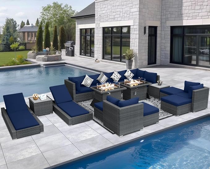 NICESOUL 18 Piece Extra Large Luxury Patio Furniture Set with Firepit, Outdoor Sectional w/Chaise Lounge, Comfy 29.3" High Back Couch Deep Seat, All-Weather Wicker Conversation Set, Gray & Blue