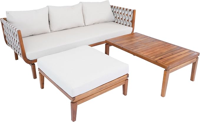 Merax 3 Piece Outdoor Patio Furniture Set,All-Weather Acacia Wood Sectional Sofa with Ottoman,1 Coffee Table for Porch, Lawn, Backyard, Balcon,Beige Rope & Water-Repellent Fabric Cushions,Teak+ Beige