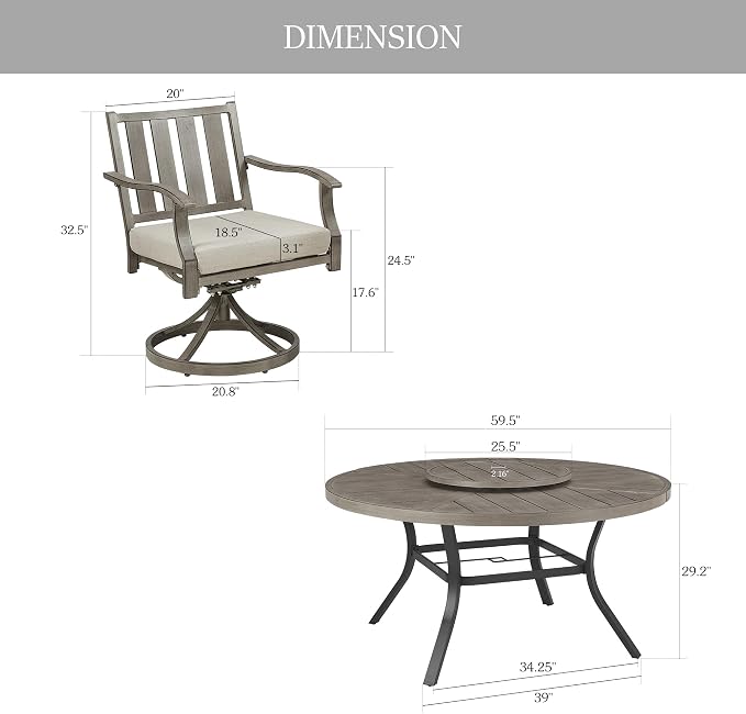 PEAK HOME FURNISHINGS Outdoor Aluminum Dining Set, 60" Round Dining Table with 4 Swivel Dining Chairs