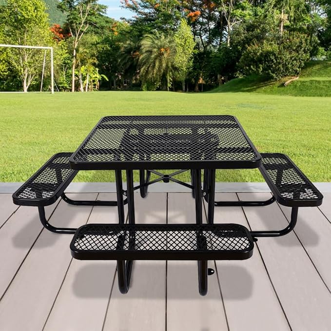 46" Square Commercial Picnic Table for 4-8 Person, Heavy Duty Metal Outdoor Picnic Table with Umbrella Hole for Coffee Shop, School, Hospital, Easy to Install, Black