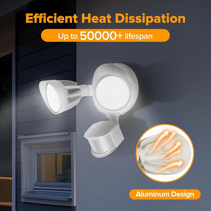 UME LED Security Light Motion Sensor Outdoor Lights, 27W 3500LM, 5000K, IP65 Waterproof, Dusk to Dawn, 2 Head Motion Detector Flood Light for Outside, Garage, Yard (White)