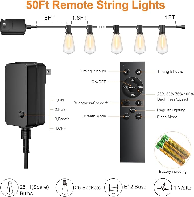 Outdoor String Lights 50FT 26 LED, Waterproof Dimmable Patio Lights | Remote Control, Shatterproof Edison ST38 Bulbs, Timer, Plug-In, Warm White Hanging Light for Garden Yard Porch Deck Decor
