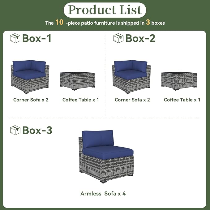 Aoxun 10 Piece Patio Furniture Set Wicker Rattan Patio Conversation Set Outdoor Sectional Sofa Set with Coffee Table and Thickened Cushions, Gray/Blue