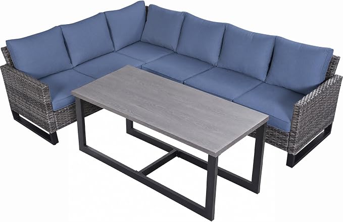 Belord Outdoor Sectional Sofa 6 Seater L Shaped Couch Wicker Patio Conversation Furniture Set with Tree-Grain Finish Metal Dining Table, Rattan Outdoor Furniture with Removable Washable Cushion Blue