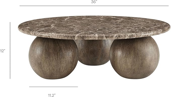 Modway Pietra Modern Sculptural Indoor/Outdoor Round Coffee Table in Dark Emperador Marble – Faux Marble Top with Three Ball Pedestal Legs – Contemporary Round Accent Table