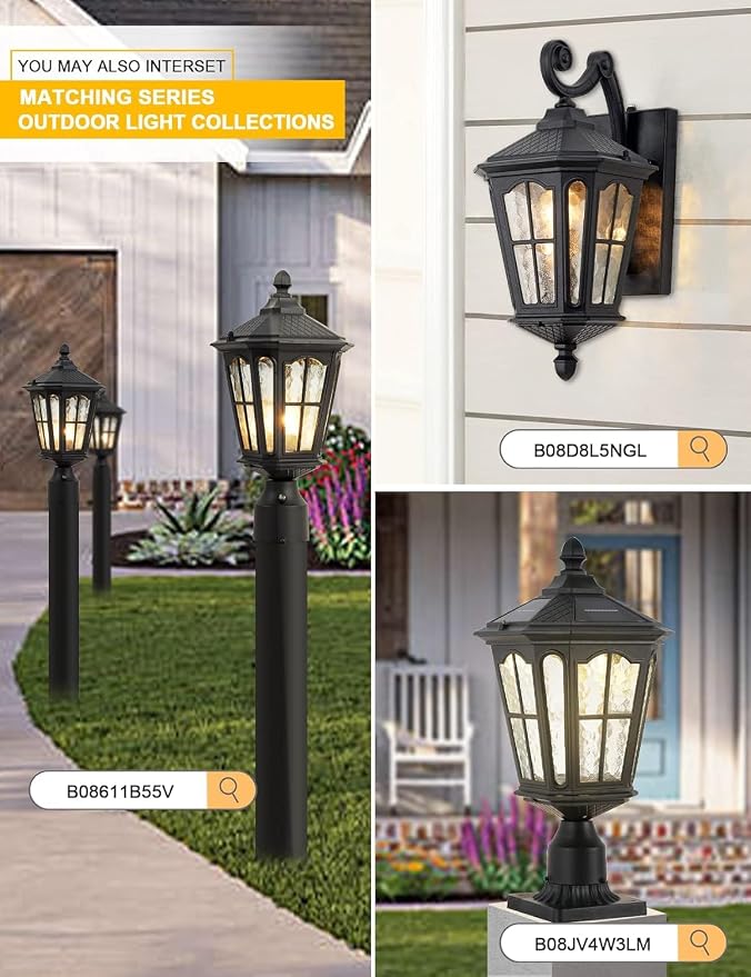 2 Pack Dusk to Dawn Post Light Outdoor, 17''H Outdoor Lamp Post Light with Pier Mount Adapter,Waterproof IP65 Classic Die Cast Aluminum with Water Ripple Glass, Matte Black