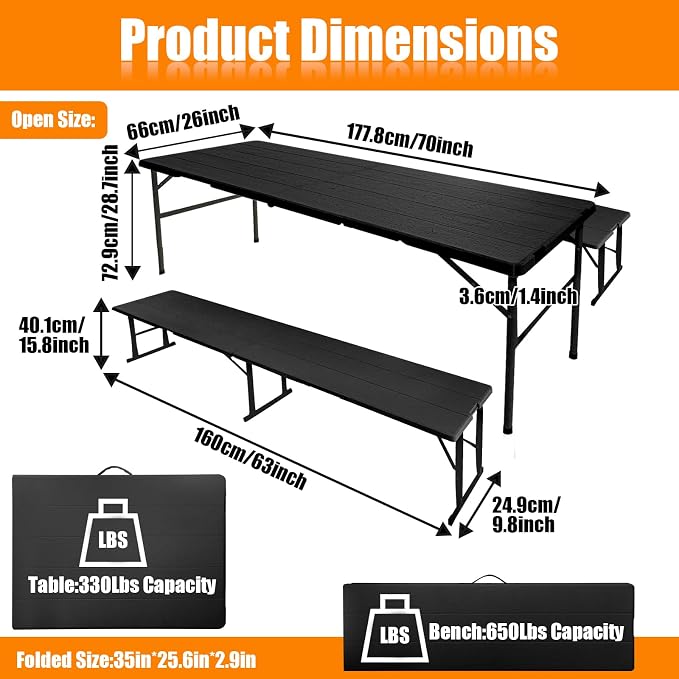Picnic Table Set with 2 Benches, 5.8FT Portable Folding Picnic Table for Indoor Outdoor, Camping Patio Dining, Heavy Duty Metal Frame, Compact Carry for Backyard, Black