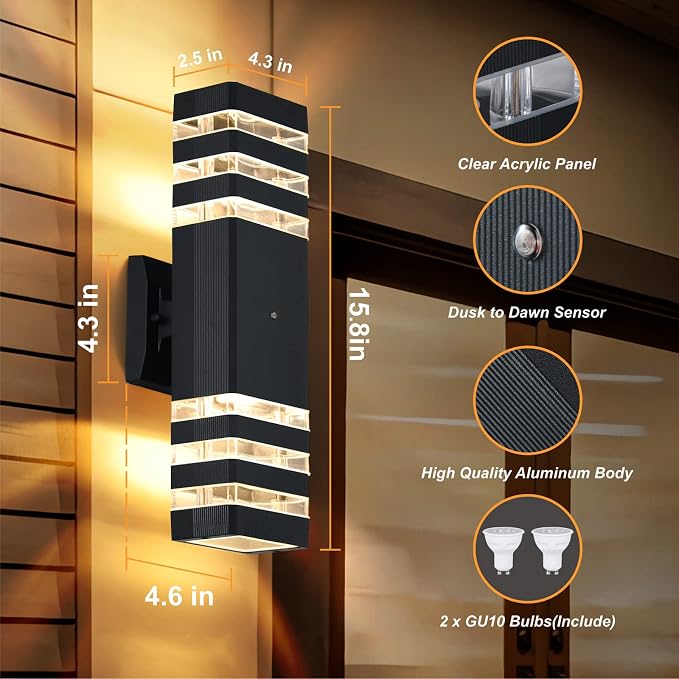 DASTOR 4 Pack Dusk to Dawn Outdoor Wall Lights, Up and Down Outdoor Lights for House, Black Aluminum Exterior Lighting Fixtures Wall Mount for Porch Patio Garage
