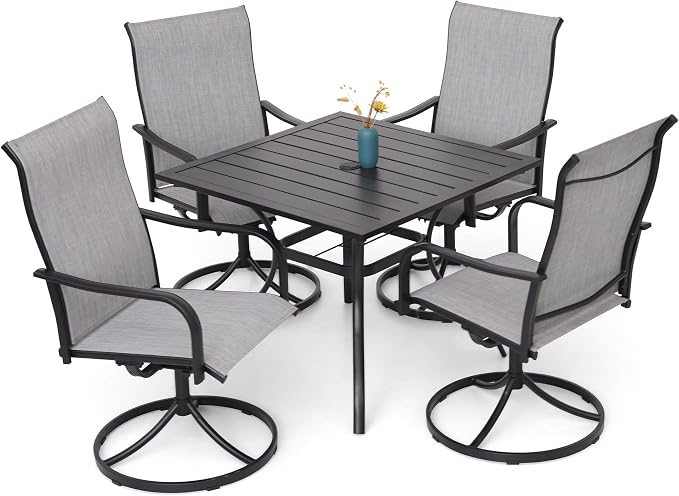 Outdoor Dining Set of 5 with Patio 35" Square Table with Gray Swivel Chairs | High Back, Curved Armrest, Textilene Fabric, All Weather, Rocking, Swivel Chairs, 35'' Square Table, Metal Top and Frame