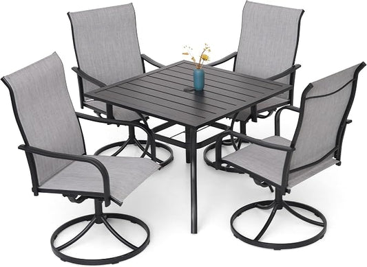Outdoor Dining Set of 5 with Patio 35" Square Table with Gray Swivel Chairs | High Back, Curved Armrest, Textilene Fabric, All Weather, Rocking, Swivel Chairs, 35'' Square Table, Metal Top and Frame