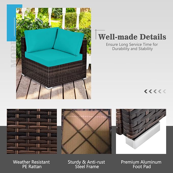 Tangkula 7 Piece Patio Furniture Set with Fire Pit Table, Patiojoy Outdoor PE Wicker Conversation Sectional Sofa Set with 30 Inches 50,000 BTU Propane Fire Pit Table, Waterproof PVC Cover (Turquoise)
